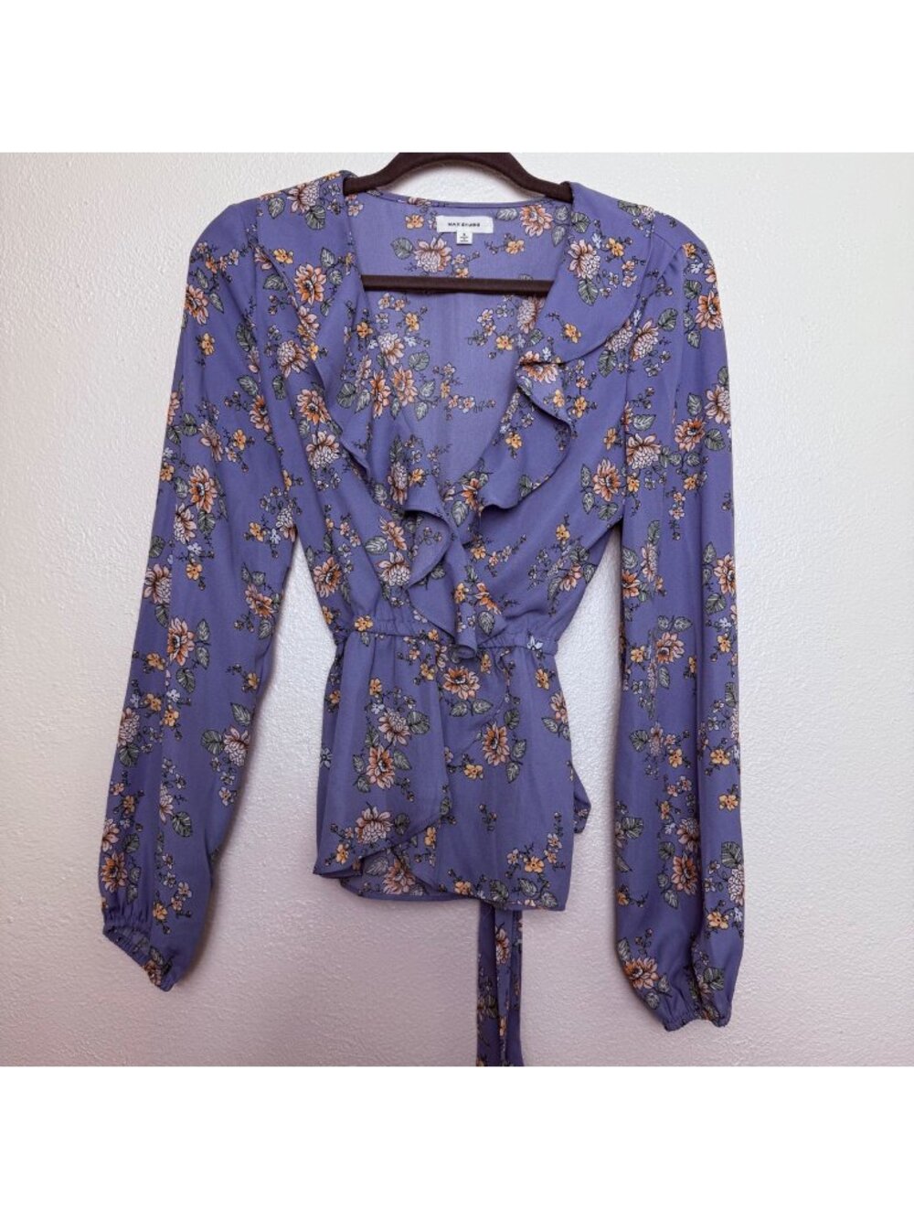 Max Studio Blue Floral Ruffle Blouse Sz S NWOT